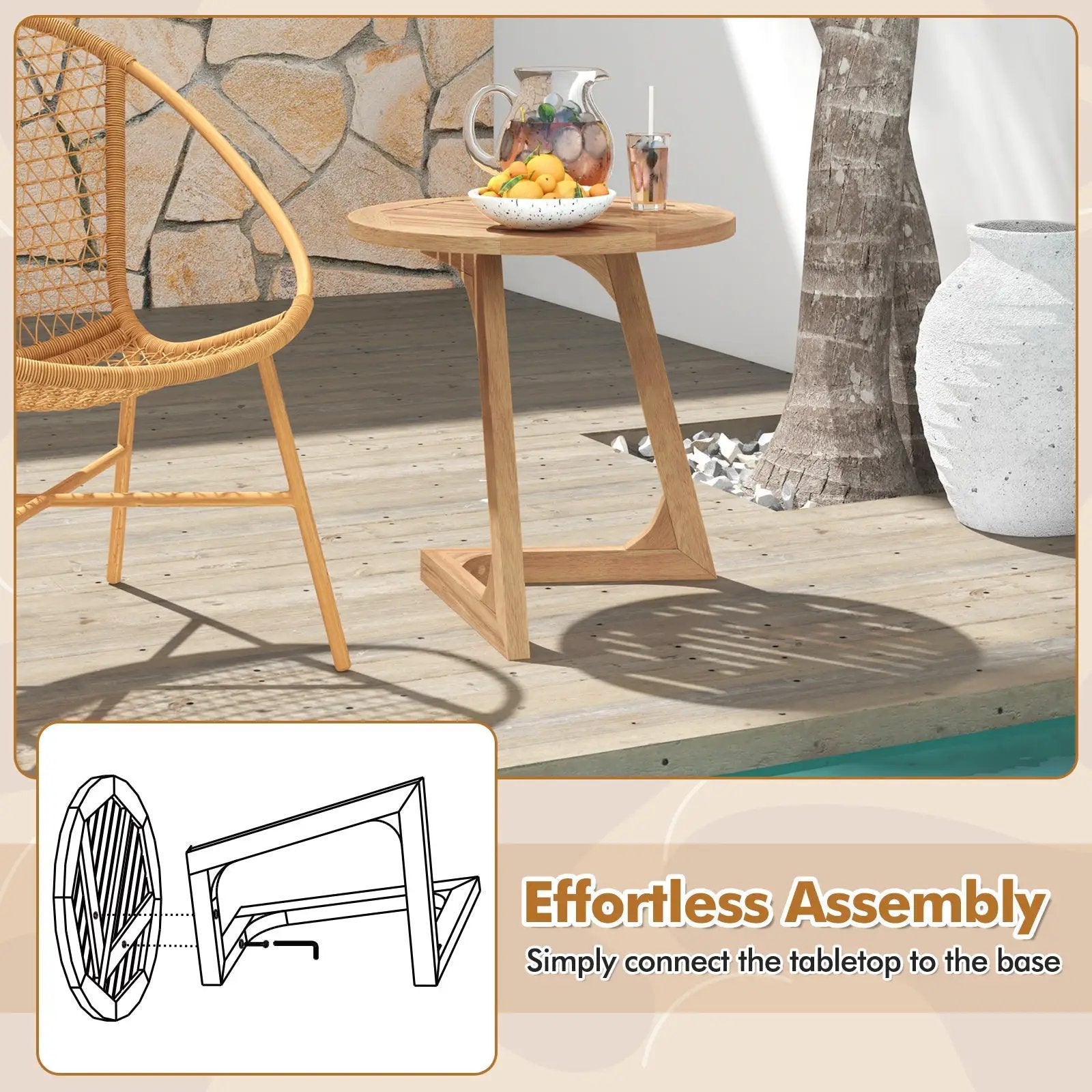 Teak Wood Side Table Round Sofa End Table with Slatted Tabletop by DirectDeals