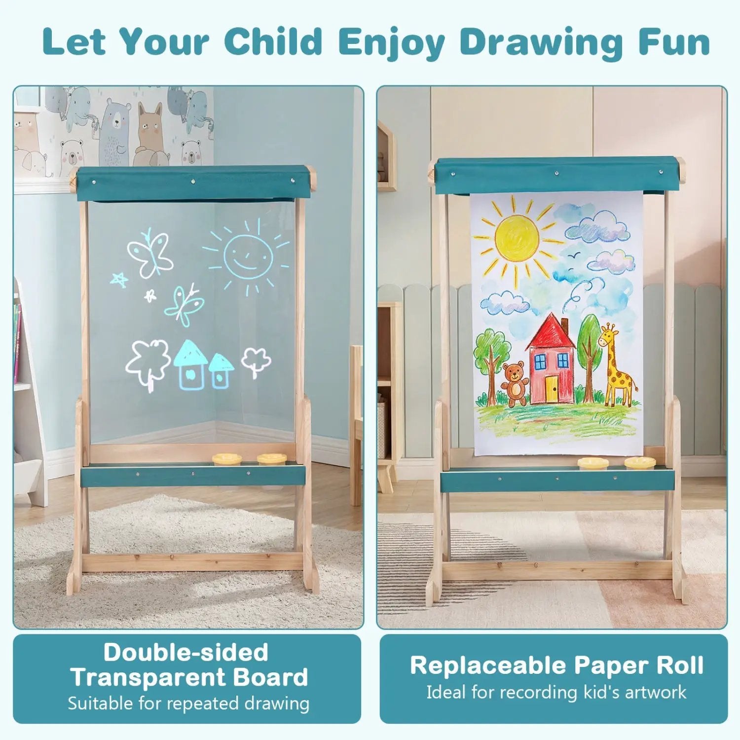 Wooden Art Easel for Kids with Canopy and Paper Roll by DirectDeals