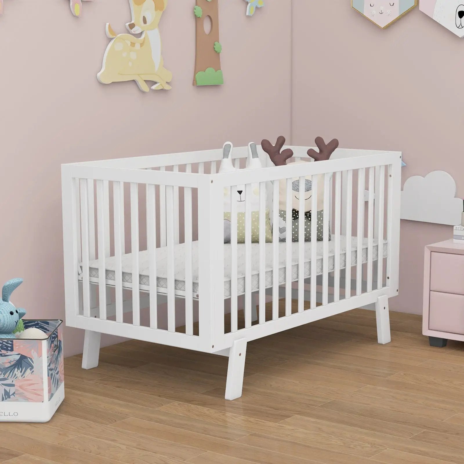 Rubber Wood Baby Crib with Adjustable Mattress Heights and Guardrails-White by DirectDeals