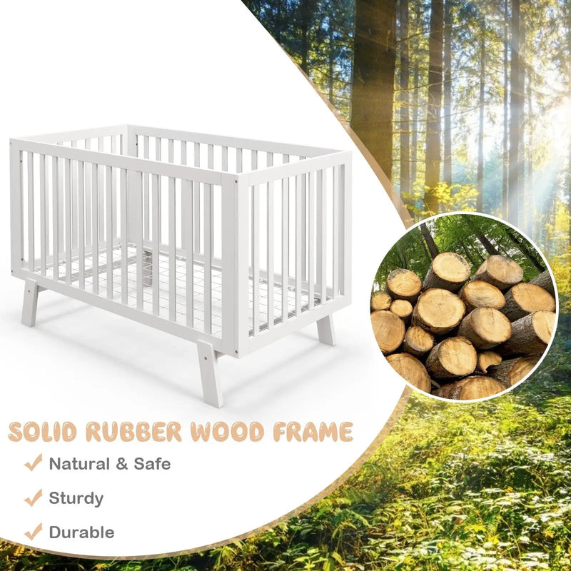 Rubber Wood Baby Crib with Adjustable Mattress Heights and Guardrails-White by DirectDeals