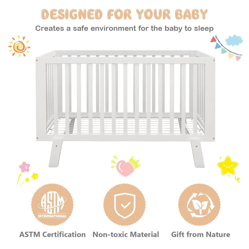 Rubber Wood Baby Crib with Adjustable Mattress Heights and Guardrails-White by DirectDeals