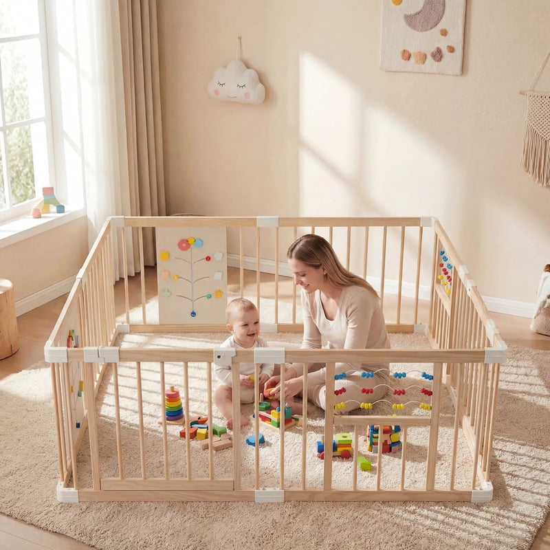 Wooden Baby Playpen Adjustable Large Play Yard for Infants-Natural by DirectDeals