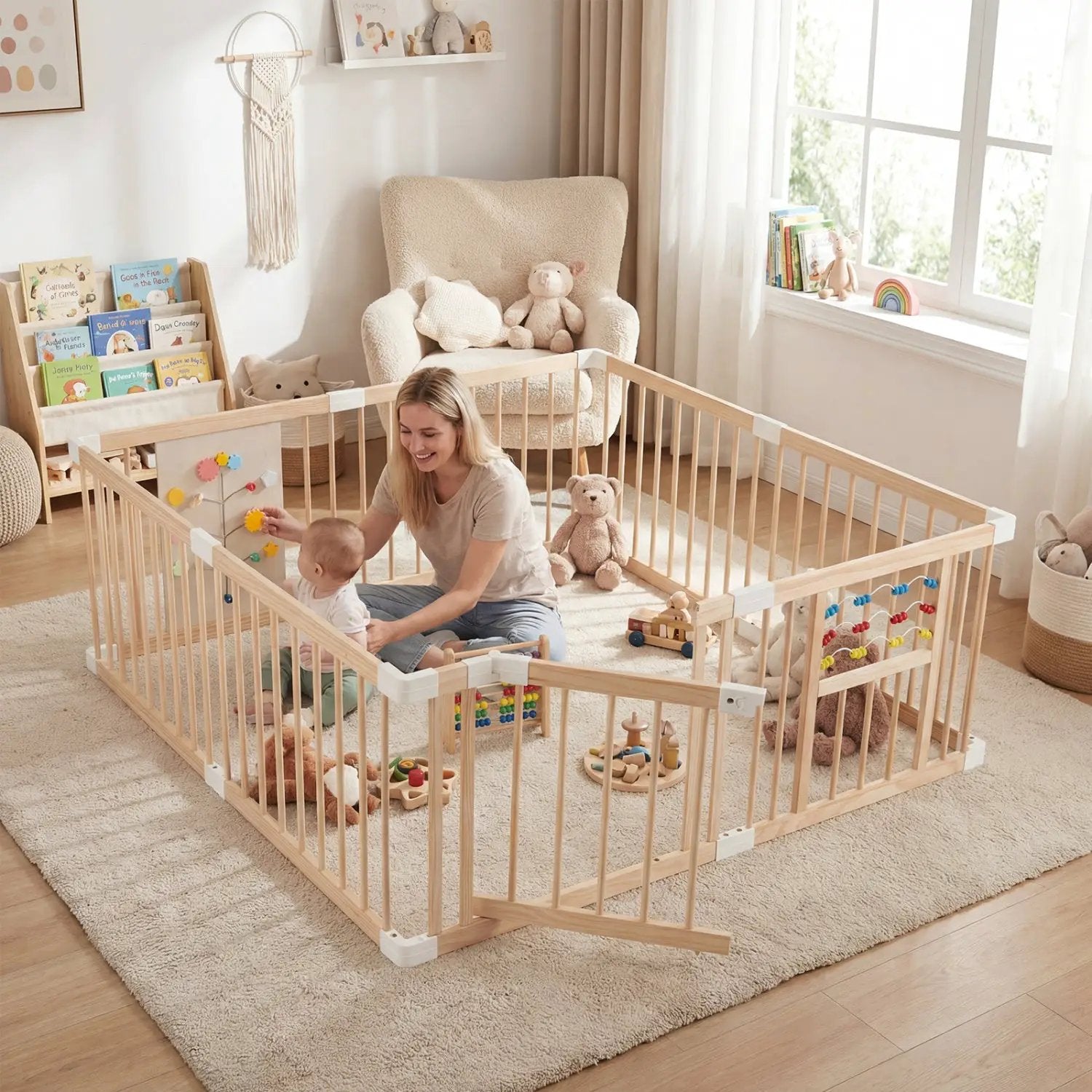 Wooden Baby Playpen Adjustable Large Play Yard for Infants-Natural by DirectDeals