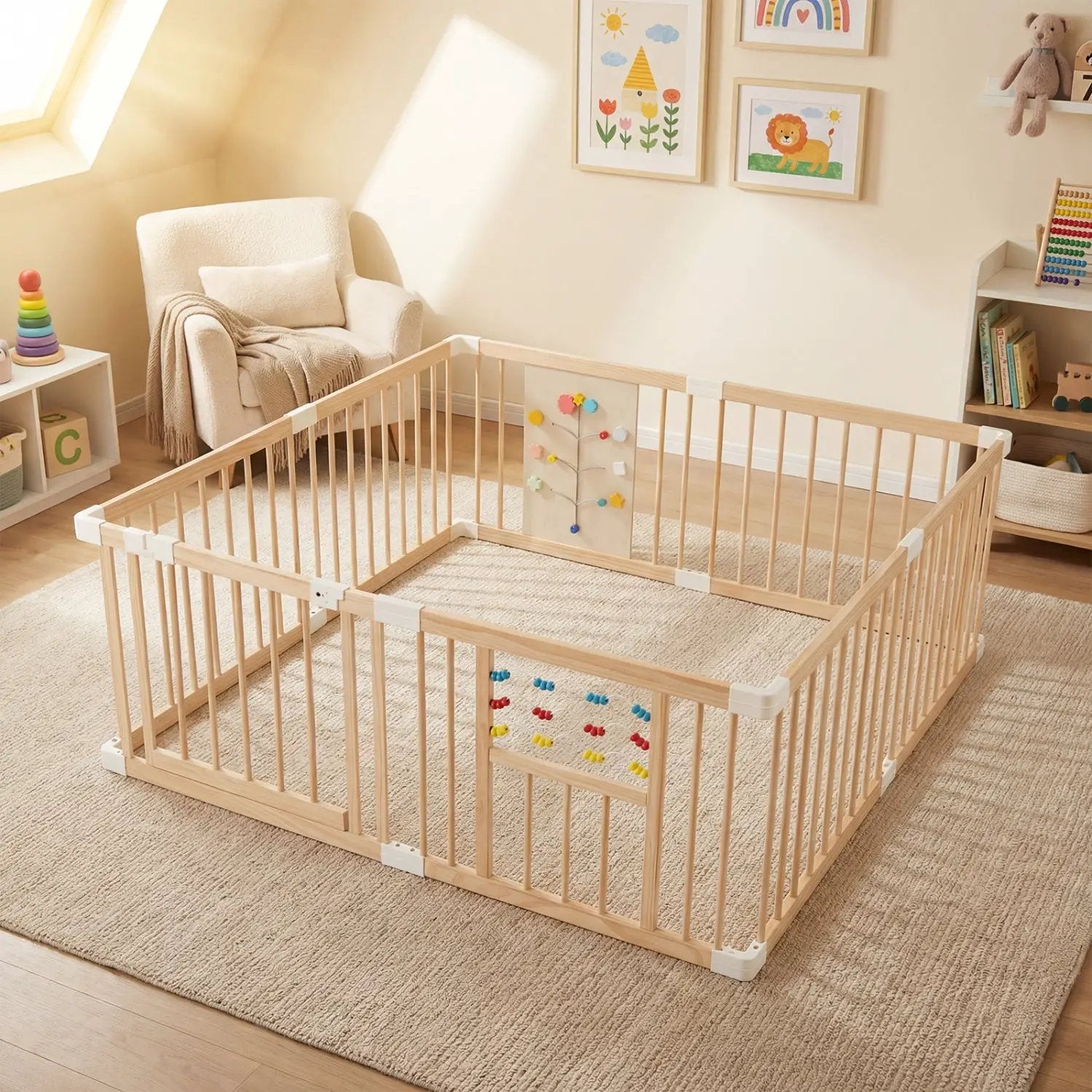 Wooden Baby Playpen Adjustable Large Play Yard for Infants-Natural by DirectDeals