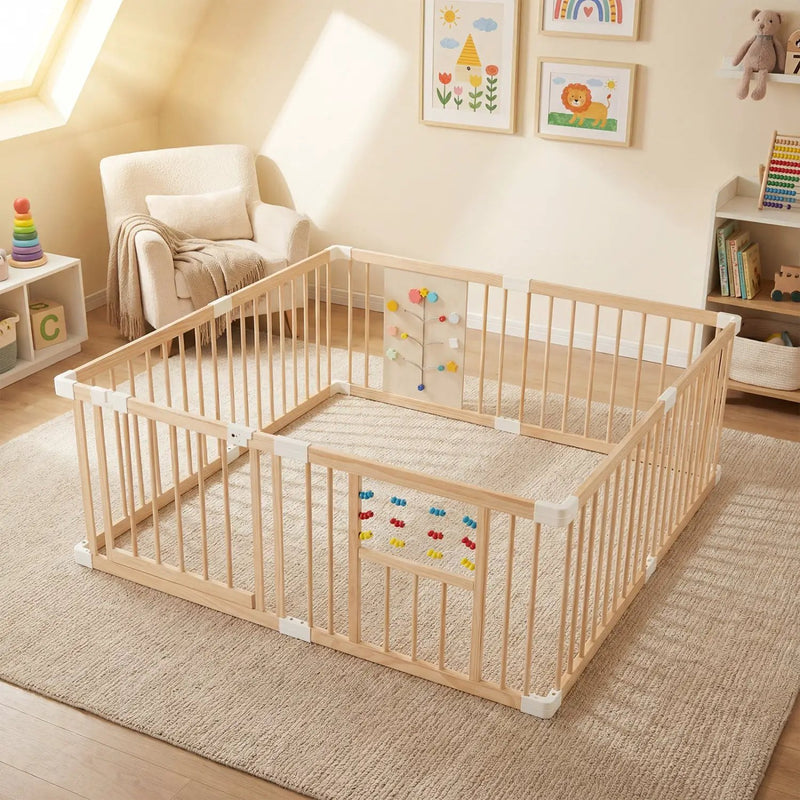 Wooden Baby Playpen Adjustable Large Play Yard for Infants-Natural by DirectDeals