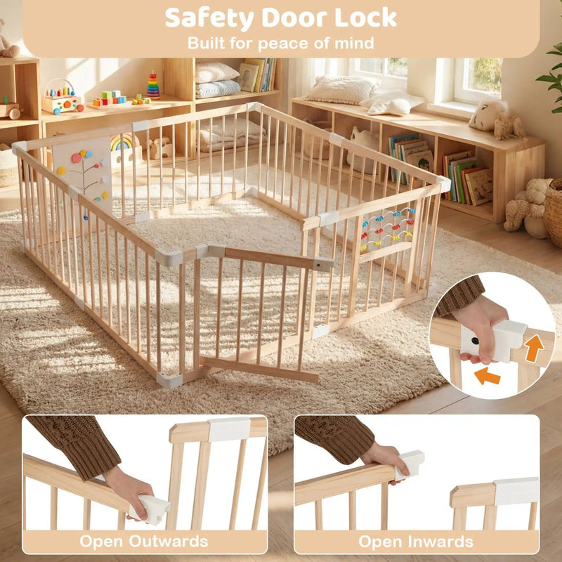 Wooden Baby Playpen Adjustable Large Play Yard for Infants-Natural by DirectDeals
