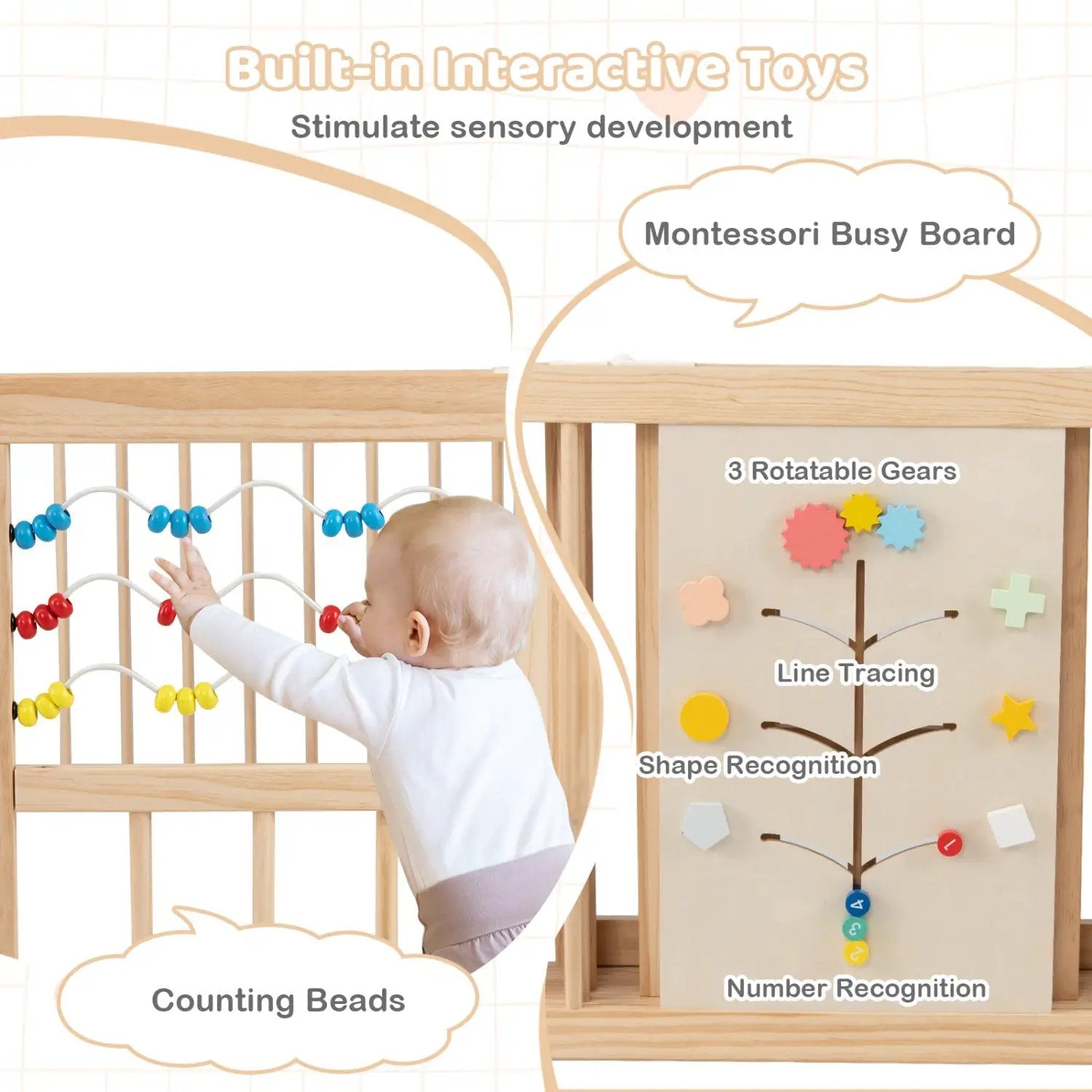 Wooden Baby Playpen Adjustable Large Play Yard for Infants-Natural by DirectDeals