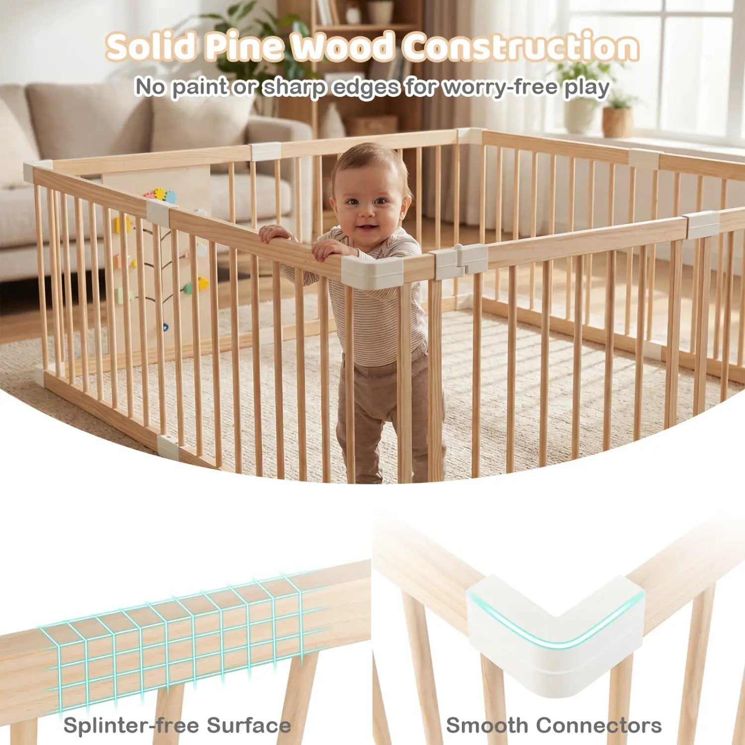 Wooden Baby Playpen Adjustable Large Play Yard for Infants-Natural by DirectDeals