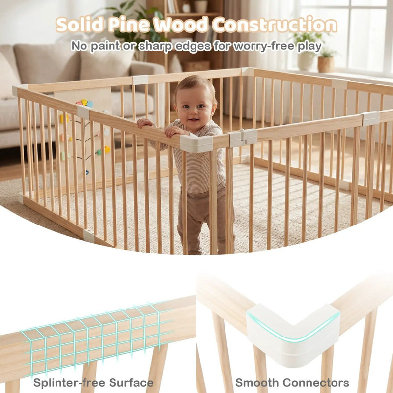 Wooden Baby Playpen Adjustable Large Play Yard for Infants-Natural by DirectDeals