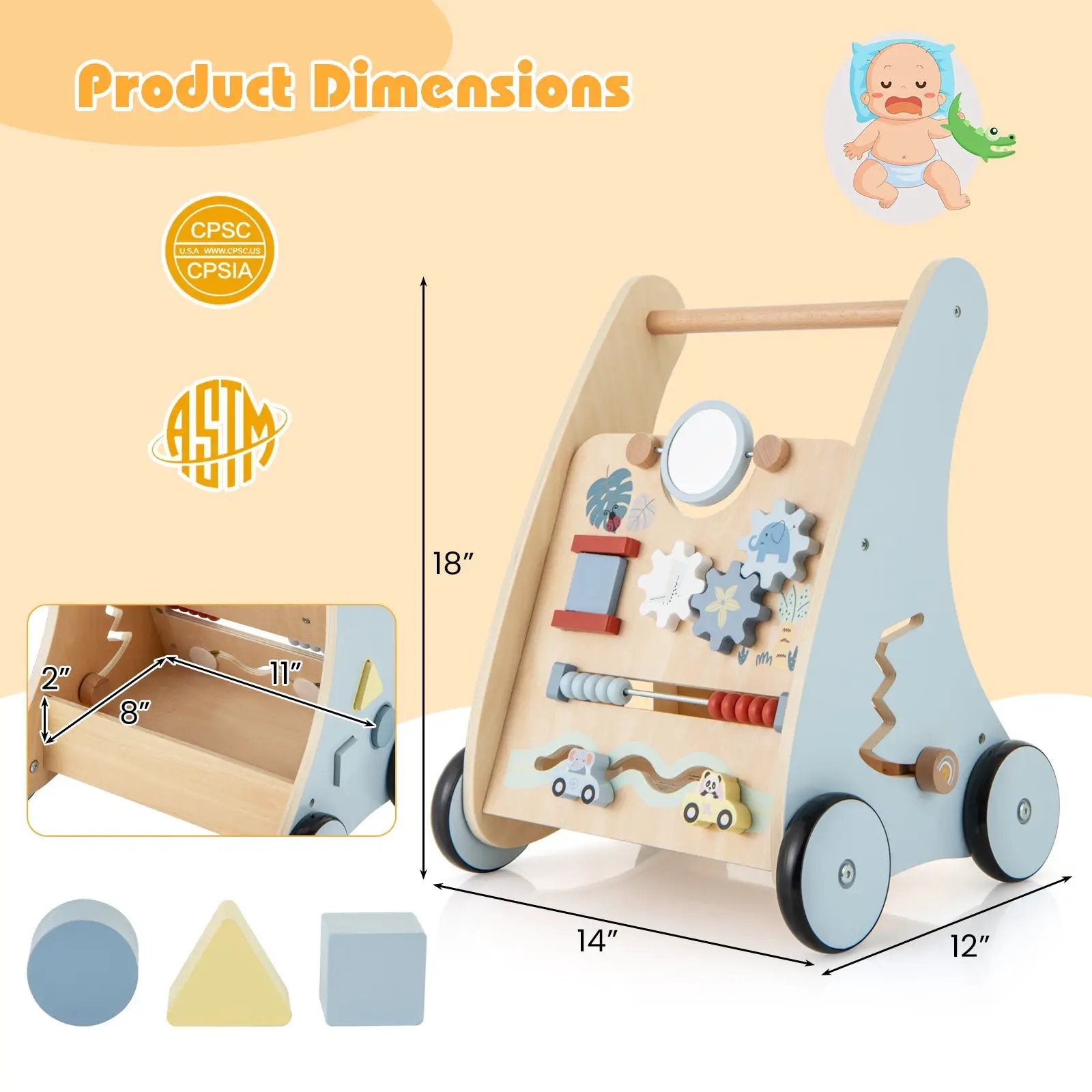 Wooden Baby Push and Pull Walker with Multi-Activity Learning Center by DirectDeals
