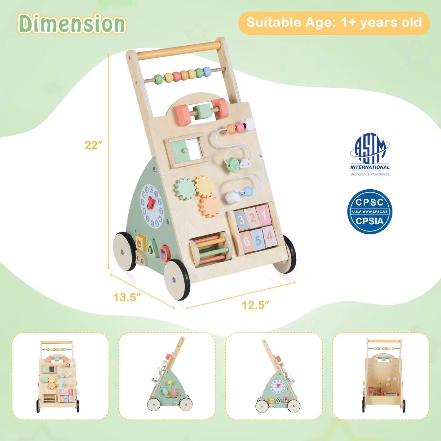 Wooden Baby Walker with Wheels and Storage Basket by DirectDeals