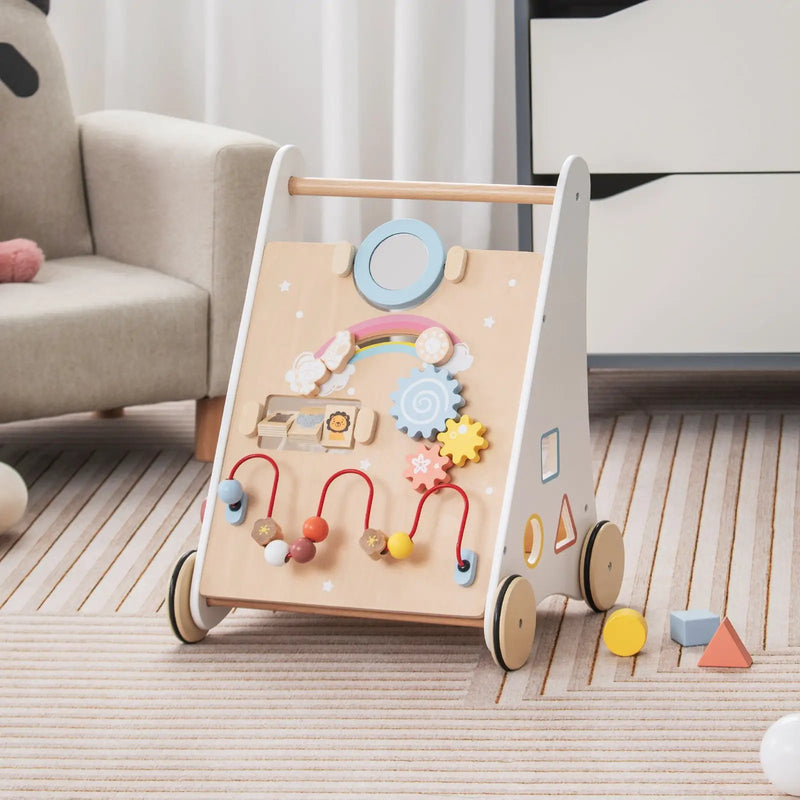 Wooden Baby Walker with Multiple Activities Center for Over 1 Year Old-White by DirectDeals