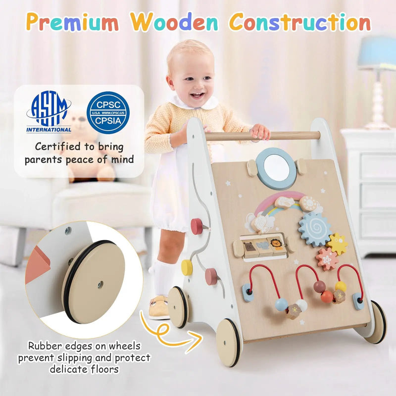 Wooden Baby Walker with Multiple Activities Center for Over 1 Year Old-White by DirectDeals
