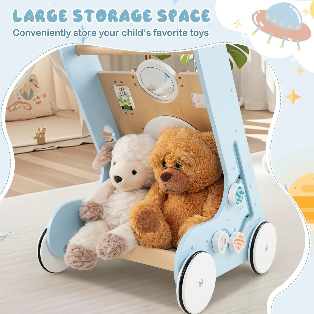 Wooden Baby Walker Push and Pull Learning Activity Center with Wheels for Toddlers 1+ Years Old by DirectDeals