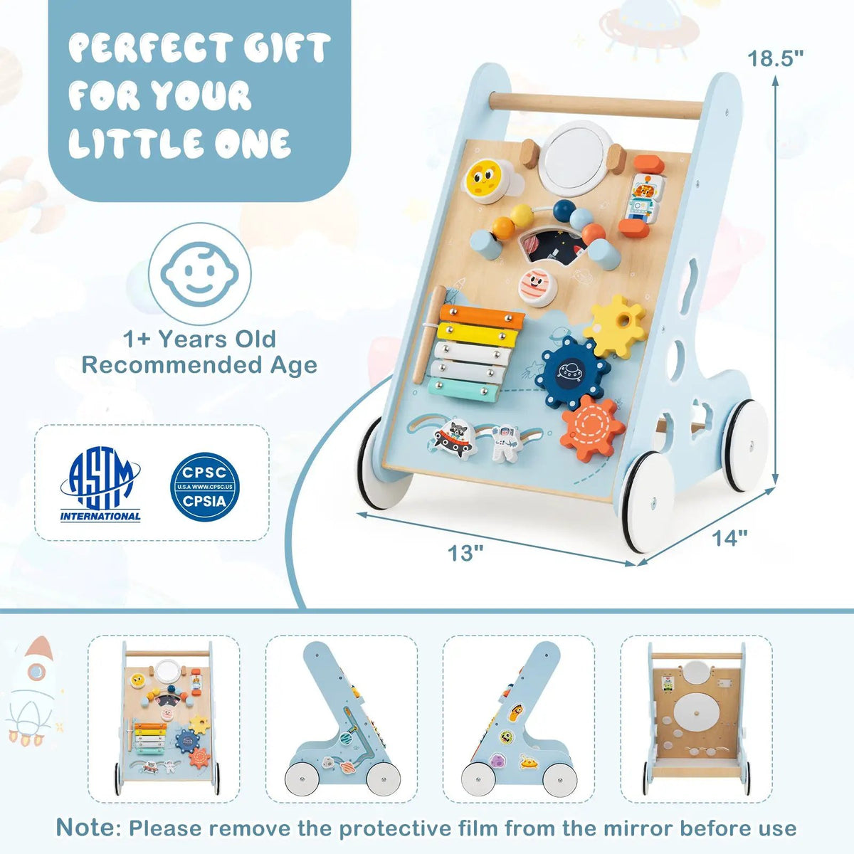 Wooden Baby Walker Push and Pull Learning Activity Center with Wheels for Toddlers 1+ Years Old by DirectDeals