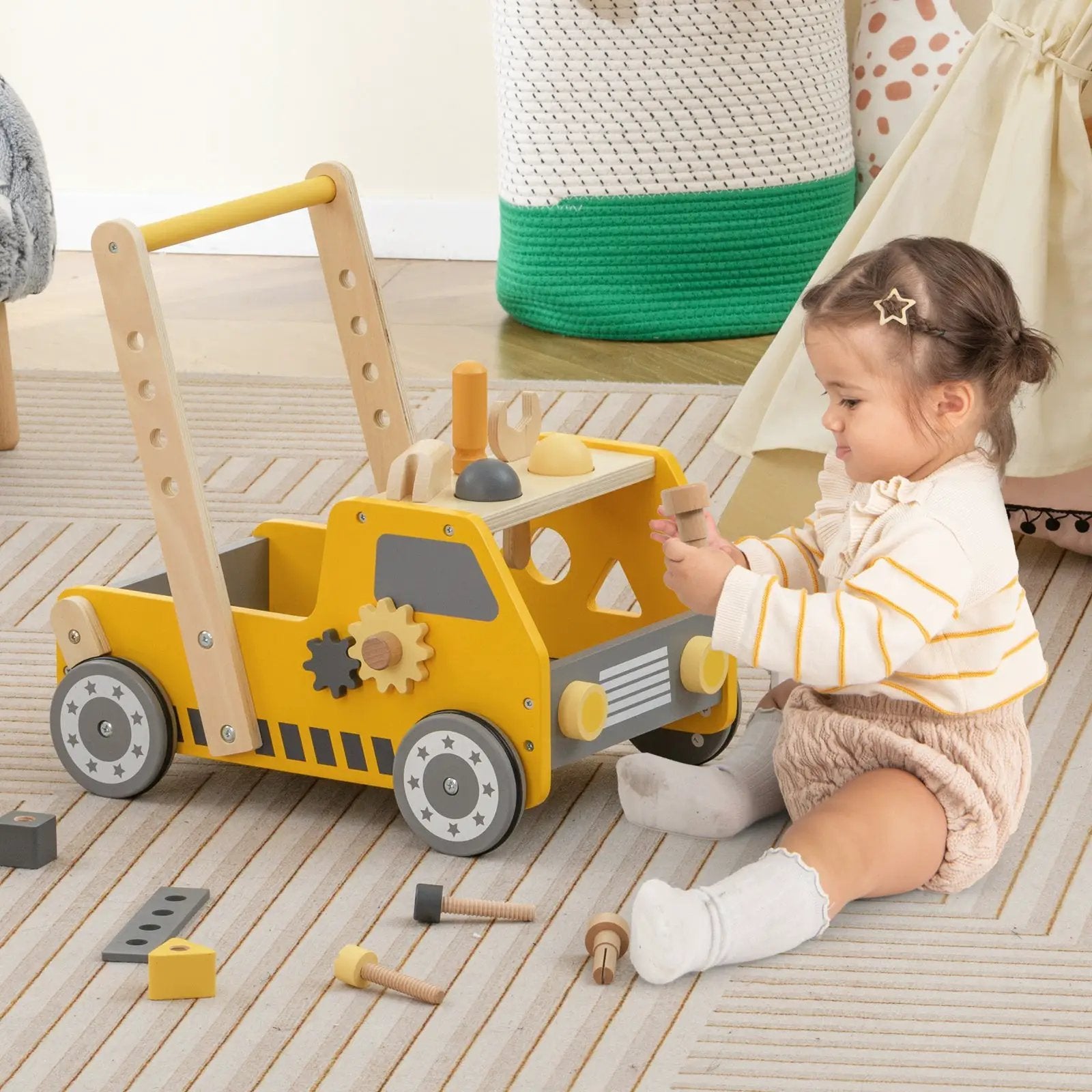 2-in-1 Wooden Baby Walker with Adjustable Speed and Bottom Storage-Yellow by DirectDeals