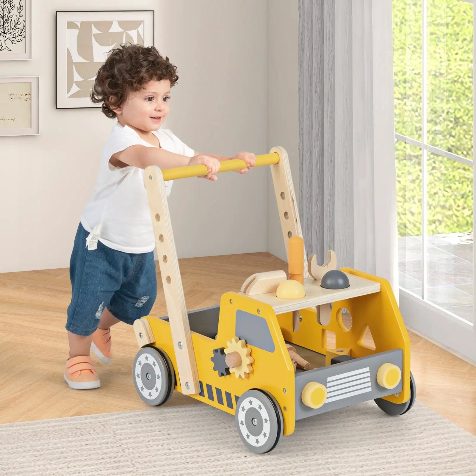 2-in-1 Wooden Baby Walker with Adjustable Speed and Bottom Storage-Yellow by DirectDeals