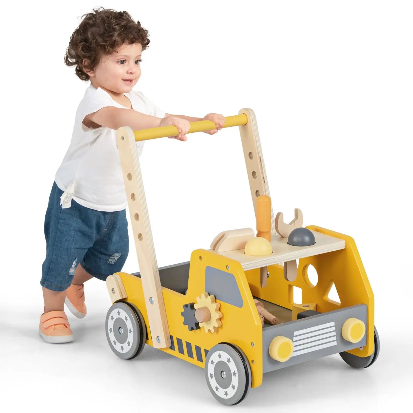 2-in-1 Wooden Baby Walker with Adjustable Speed and Bottom Storage-Yellow by DirectDeals