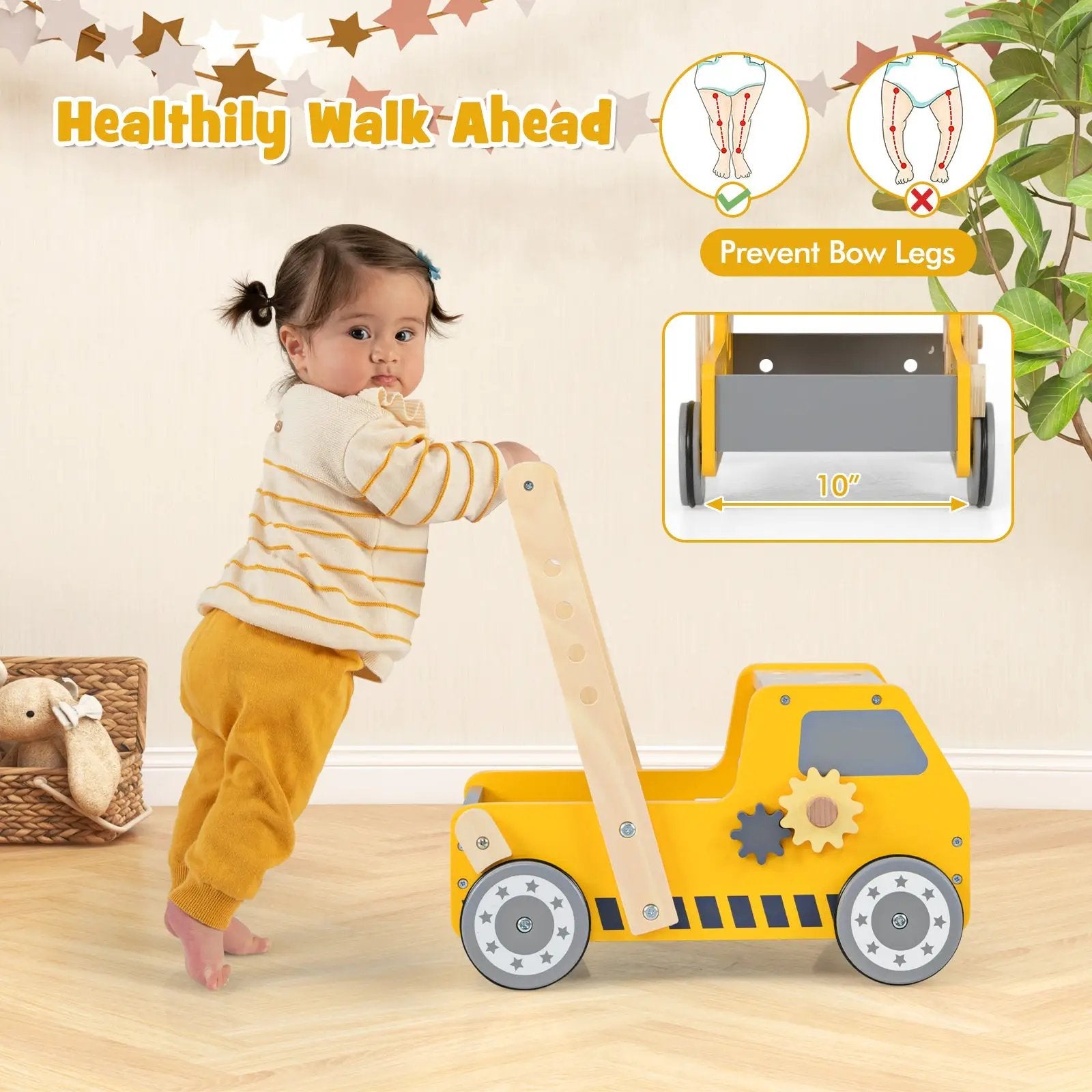 2-in-1 Wooden Baby Walker with Adjustable Speed and Bottom Storage-Yellow by DirectDeals