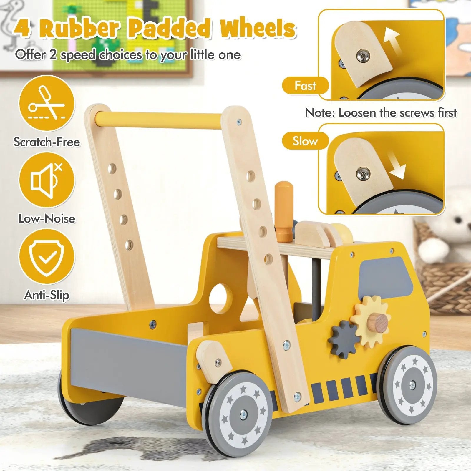 2-in-1 Wooden Baby Walker with Adjustable Speed and Bottom Storage-Yellow by DirectDeals