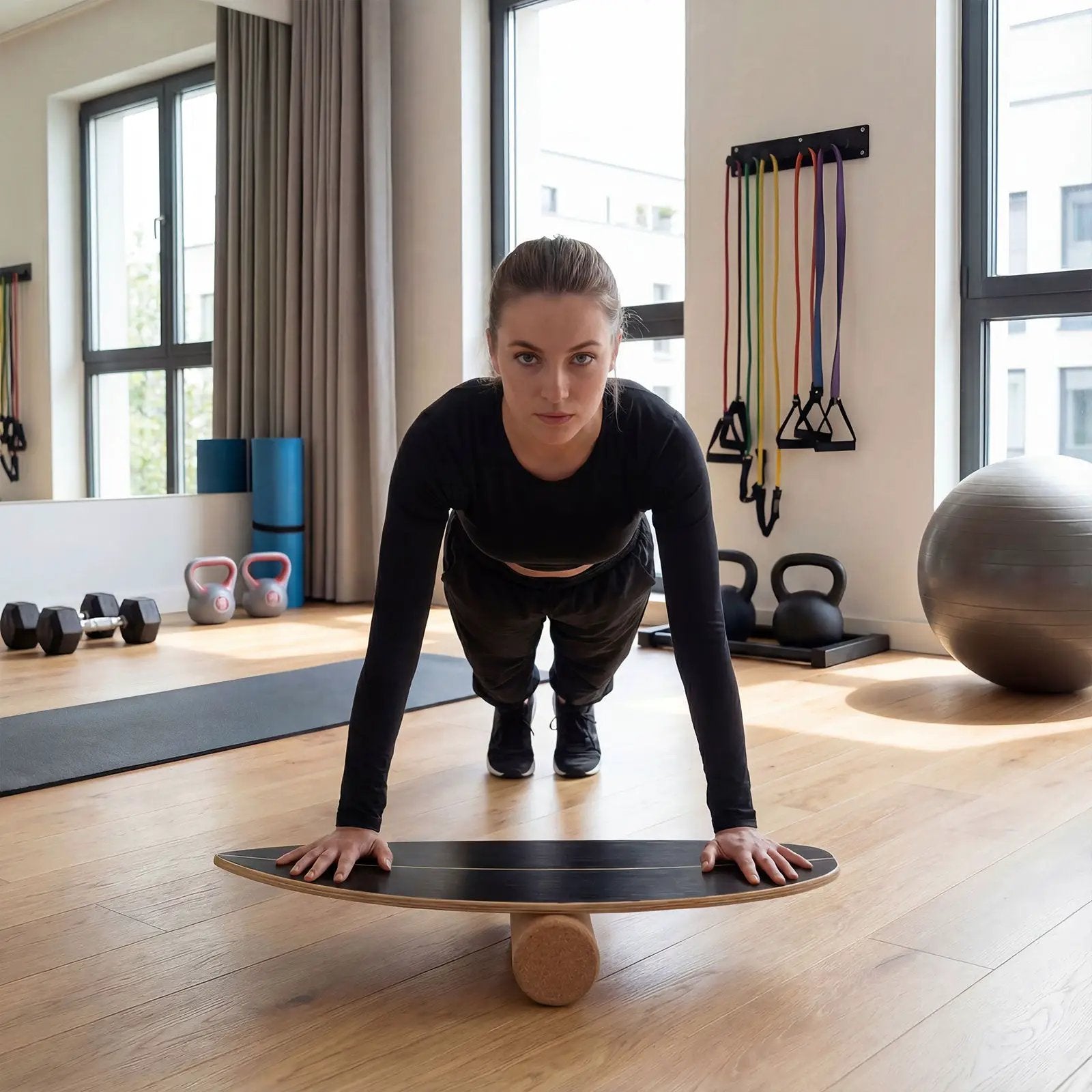 Wooden Balancing Board with Cork Roller and Storage Rack to Exercise by DirectDeals