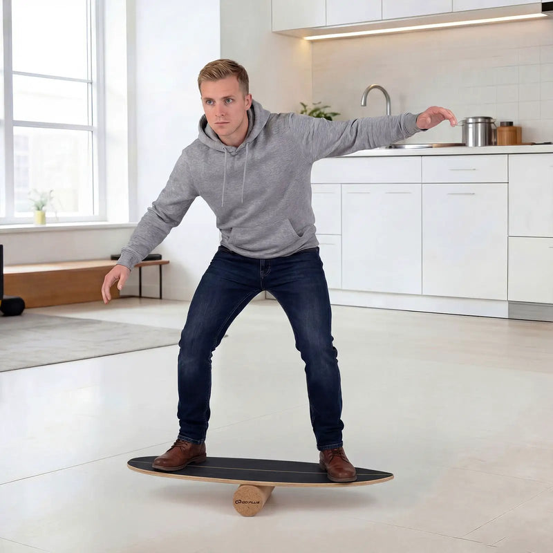 Wooden Balancing Board with Cork Roller and Storage Rack to Exercise by DirectDeals