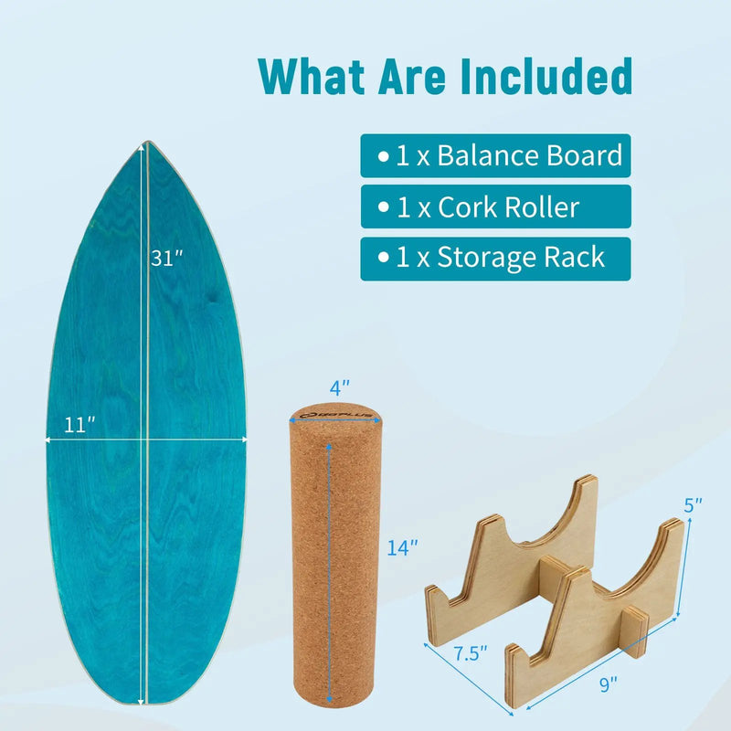 Wooden Balancing Board with Cork Roller and Storage Rack to Exercise by DirectDeals