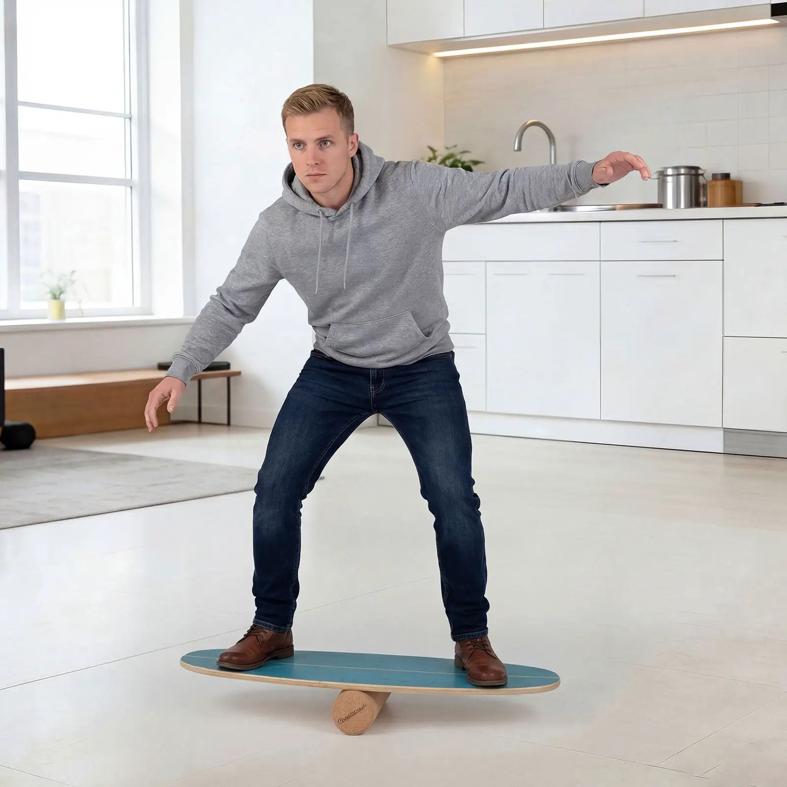 Wooden Balancing Board with Cork Roller and Storage Rack to Exercise by DirectDeals