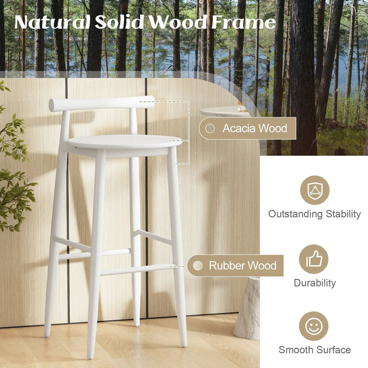 Wooden Bar Chair Set of 2 with Backrest and Footrest for Home Restaurant Cafe by DirectDeals