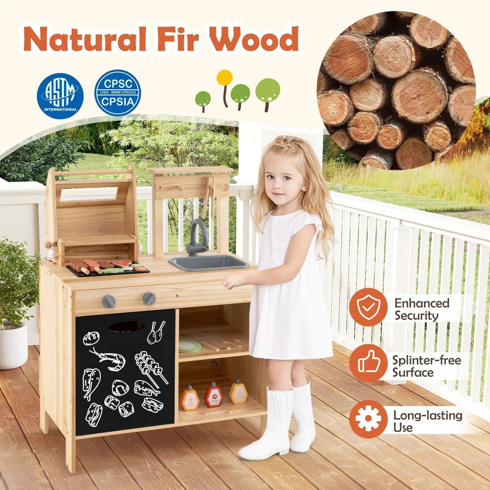 Wooden Barbecue Grill Playset with Chalkboard and Sink and Cabinet-Natural by DirectDeals