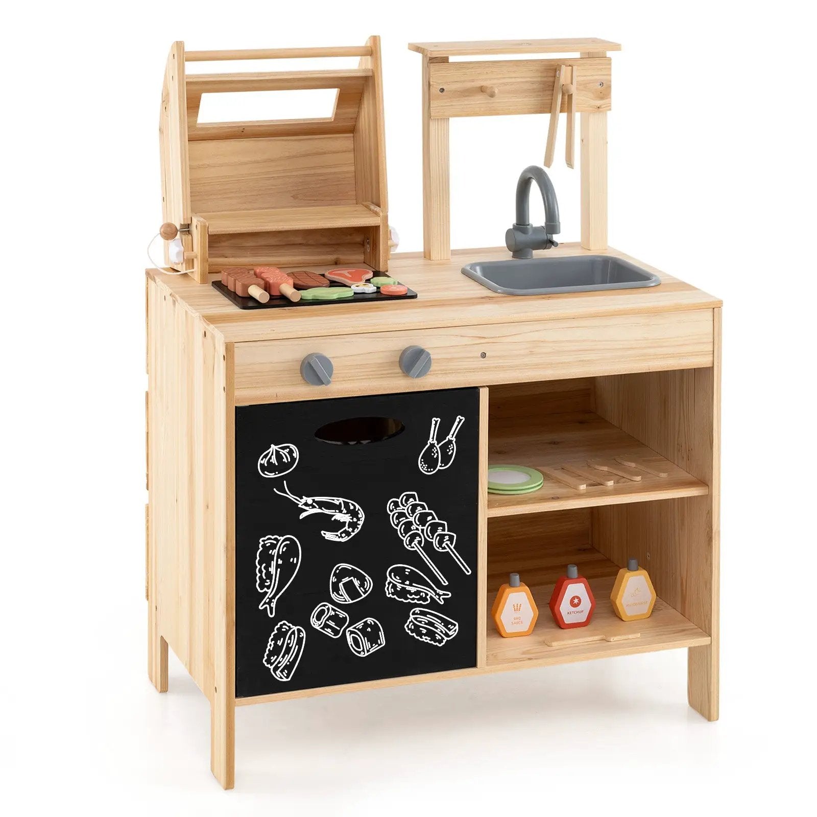 Wooden Barbecue Grill Playset with Chalkboard and Sink and Cabinet-Natural by DirectDeals