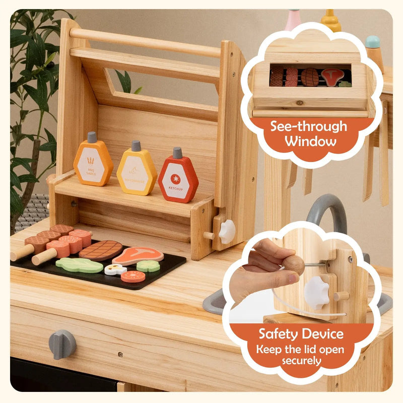 Wooden Barbecue Grill Playset with Chalkboard and Sink and Cabinet-Natural by DirectDeals