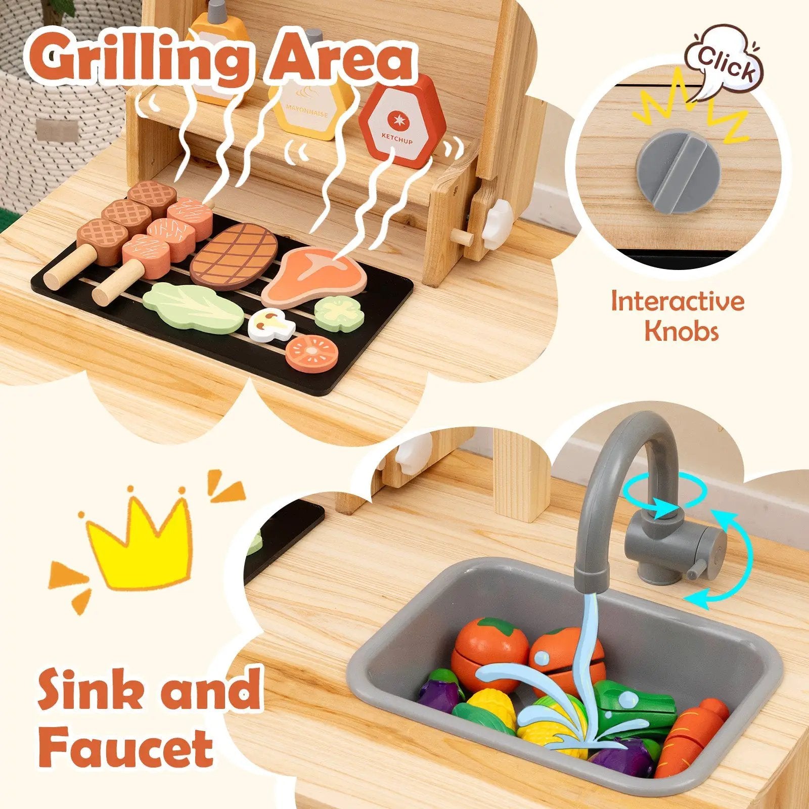 Wooden Barbecue Grill Playset with Chalkboard and Sink and Cabinet-Natural by DirectDeals