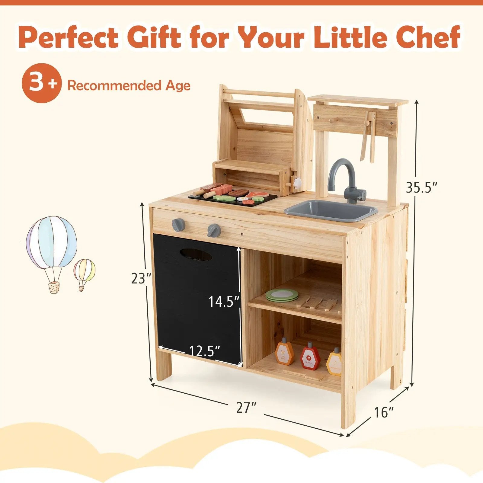 Wooden Barbecue Grill Playset with Chalkboard and Sink and Cabinet-Natural by DirectDeals
