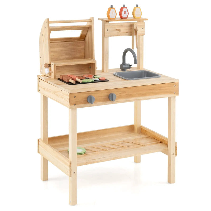 Wooden Barbecue Grill Playset with Play Food and Open Shelves-Natural by DirectDeals