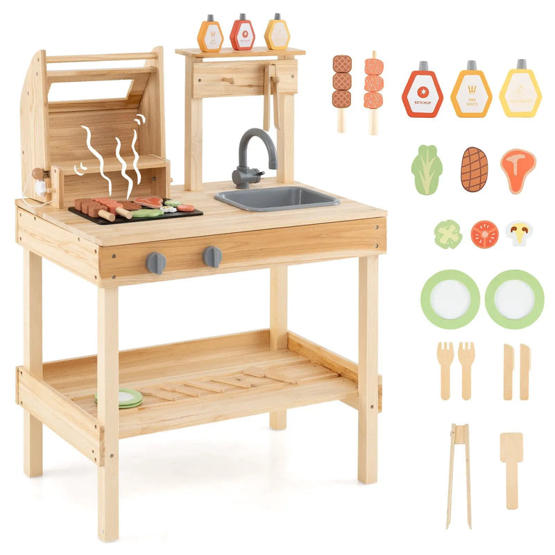 Wooden Barbecue Grill Playset with Play Food and Open Shelves-Natural by DirectDeals
