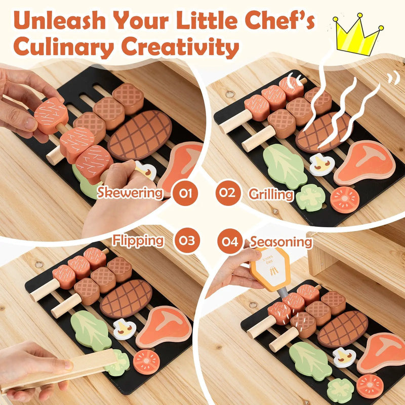 Wooden Barbecue Grill Playset with Play Food and Open Shelves-Natural by DirectDeals