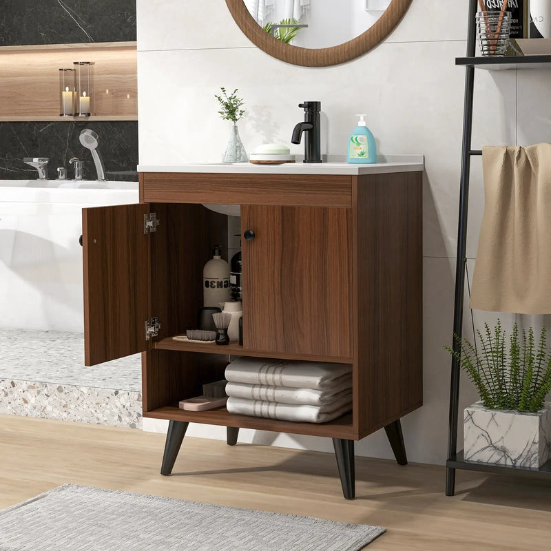 25 Inch Wooden Bathroom Storage Cabinet with Sink-Walnut by DirectDeals