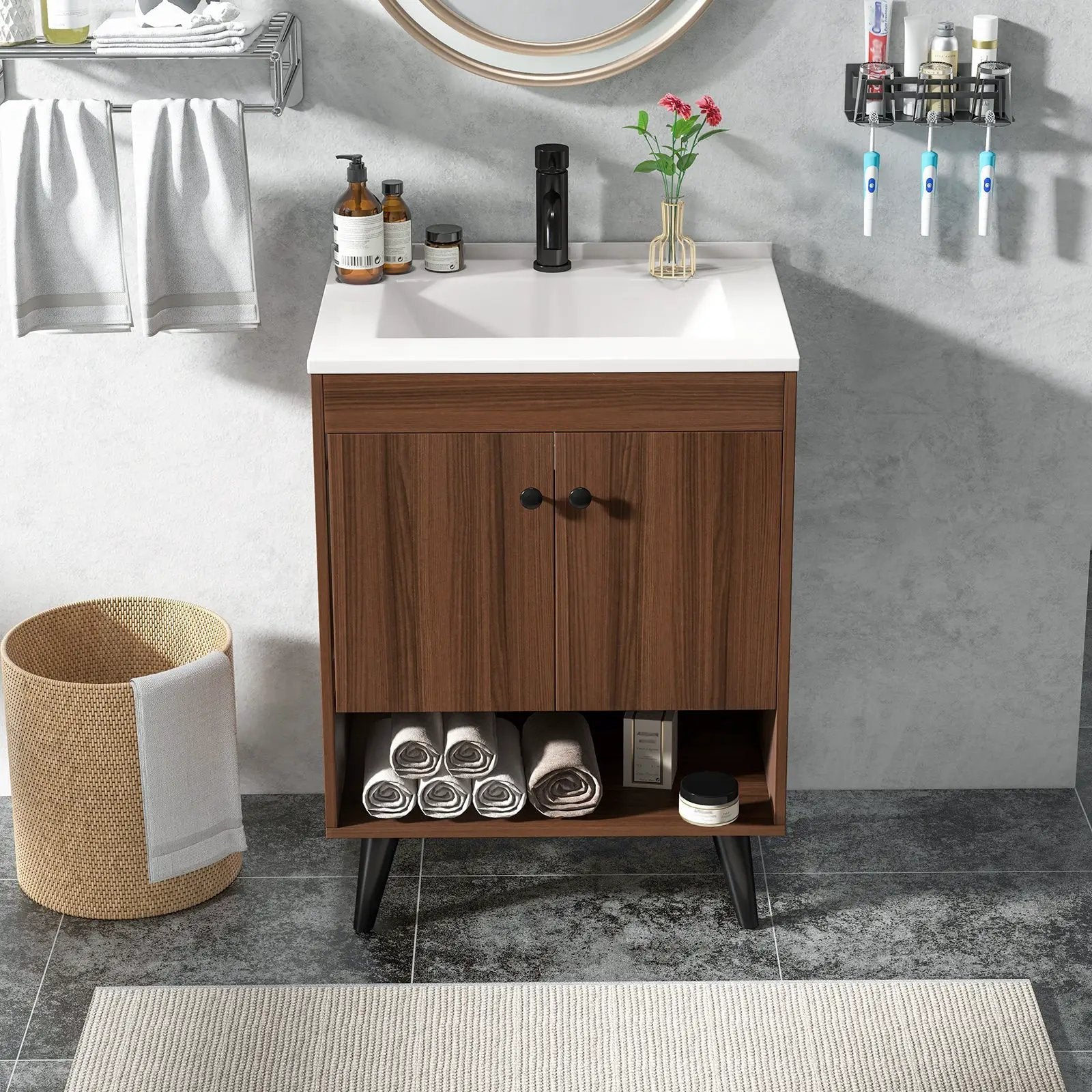 25 Inch Wooden Bathroom Storage Cabinet with Sink-Walnut by DirectDeals