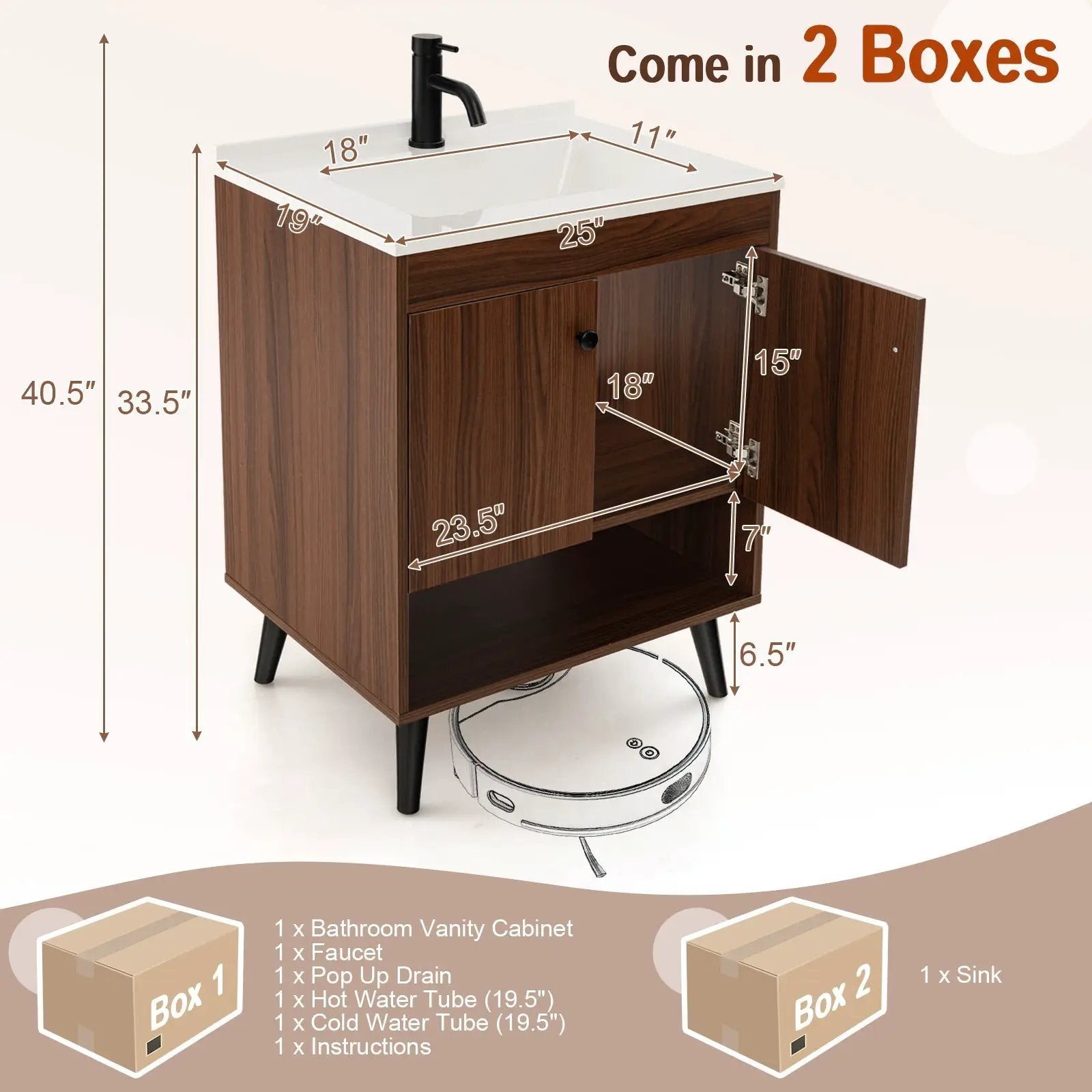 25 Inch Wooden Bathroom Storage Cabinet with Sink-Walnut by DirectDeals