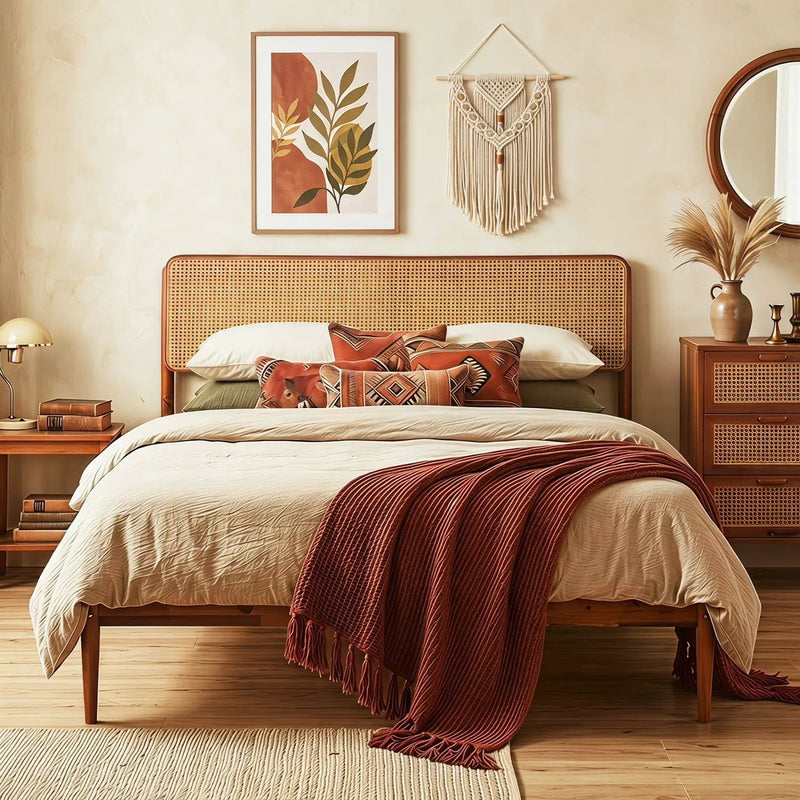 Queen Rattan Headboard Bed Frame with Wood Slat Support by DirectDeals