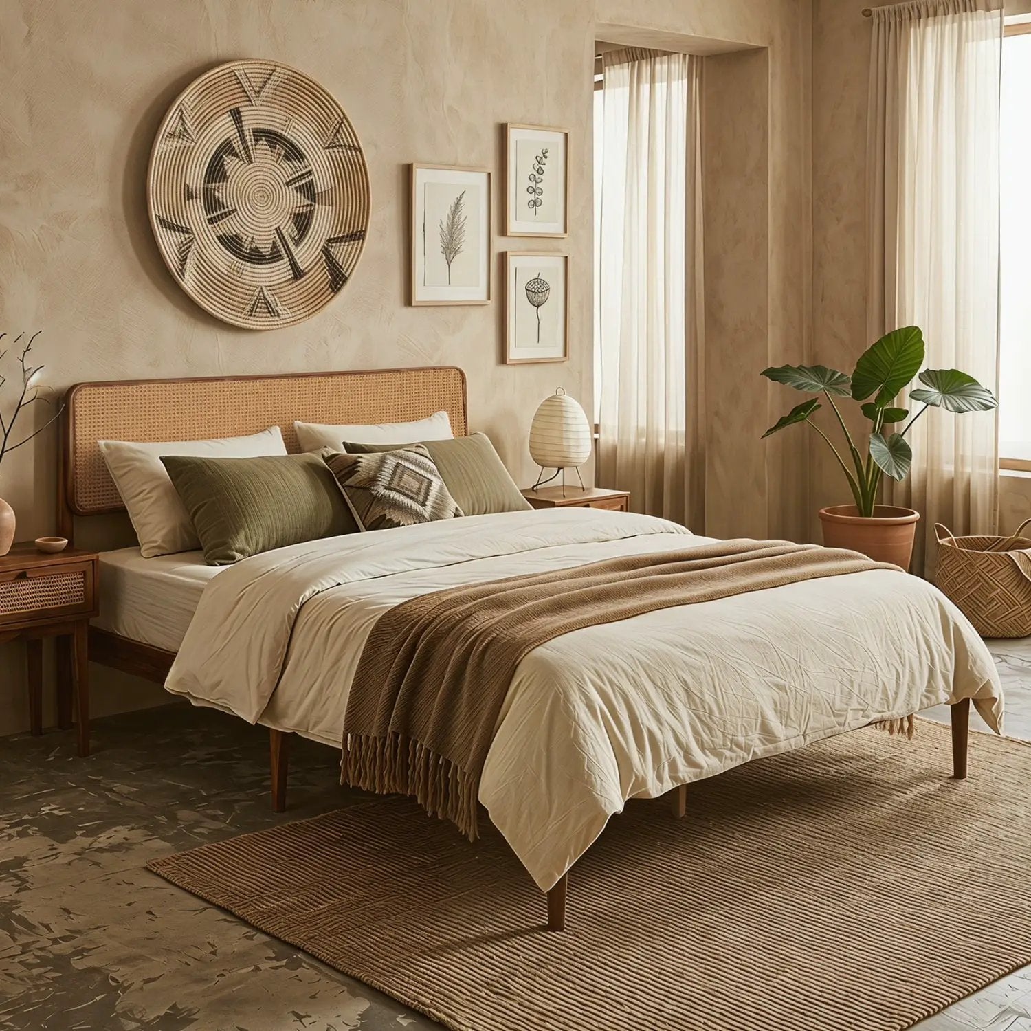 Queen Rattan Headboard Bed Frame with Wood Slat Support by DirectDeals