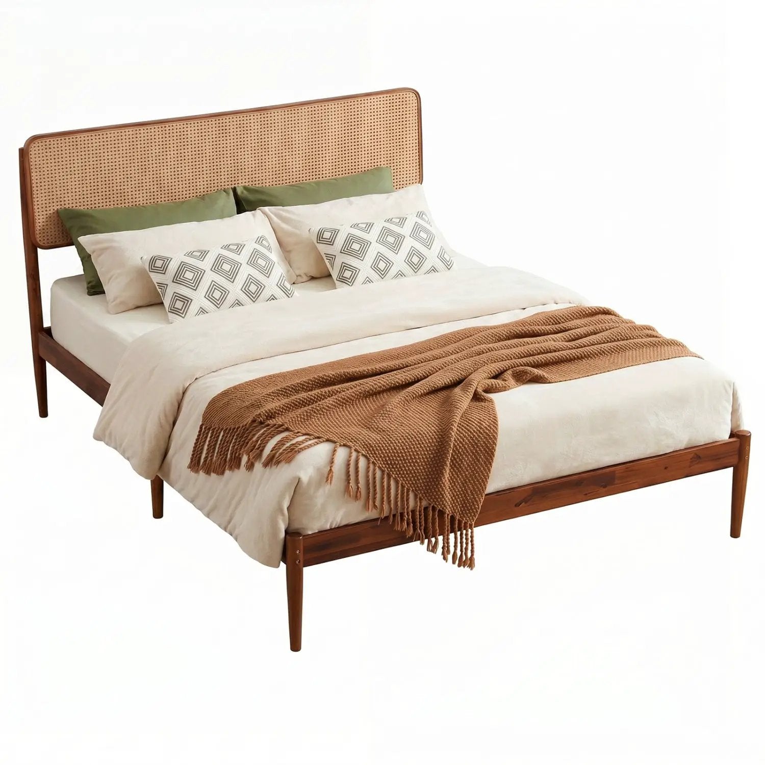 Queen Rattan Headboard Bed Frame with Wood Slat Support by DirectDeals