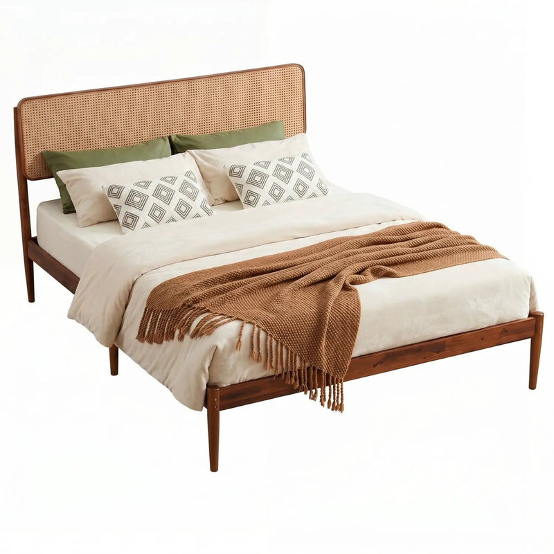 Queen Rattan Headboard Bed Frame with Wood Slat Support by DirectDeals