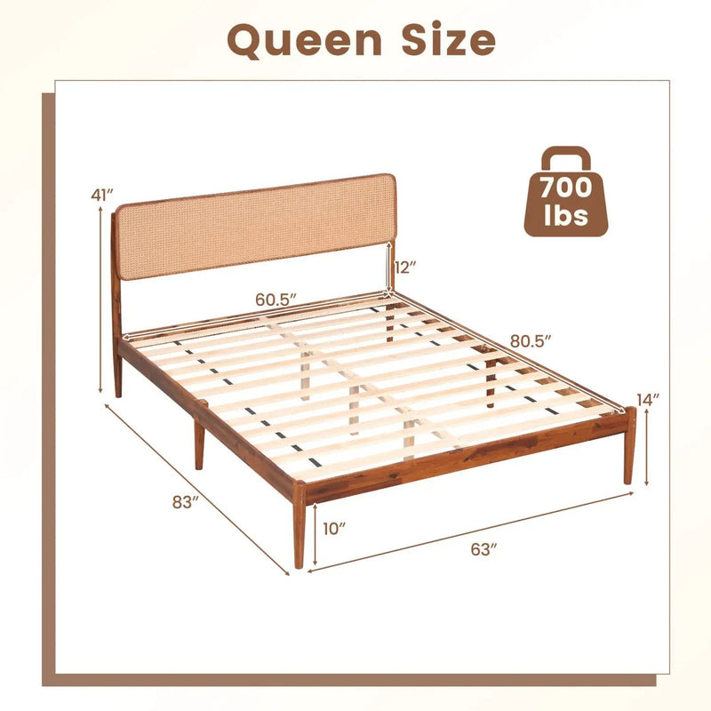 Queen Rattan Headboard Bed Frame with Wood Slat Support by DirectDeals