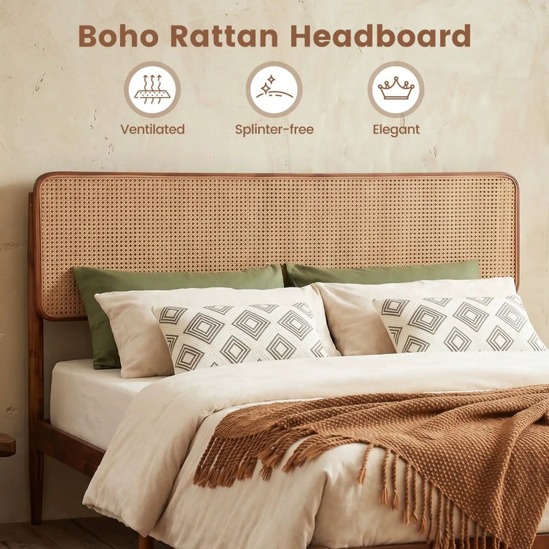 Queen Rattan Headboard Bed Frame with Wood Slat Support by DirectDeals