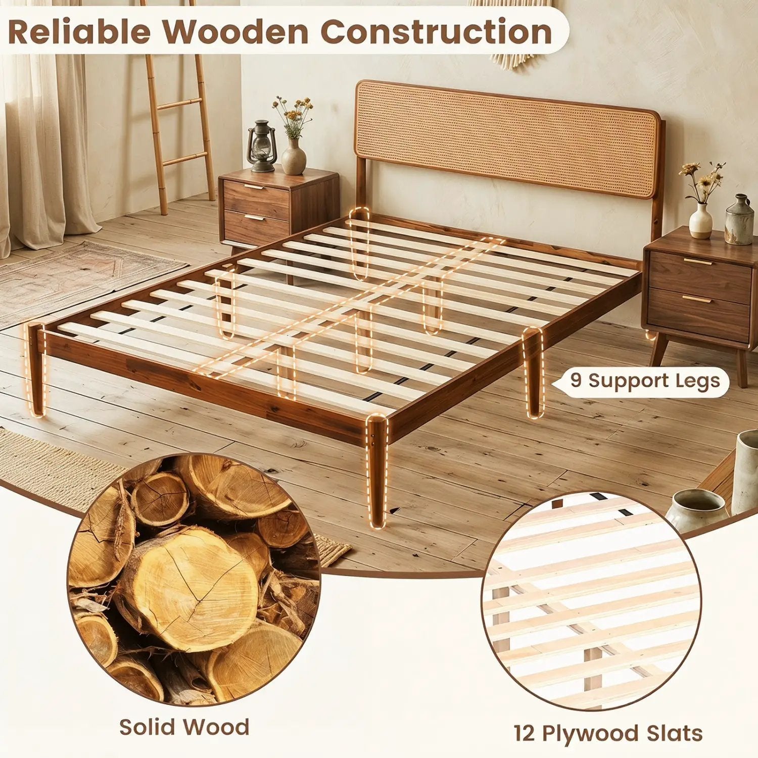 Queen Rattan Headboard Bed Frame with Wood Slat Support by DirectDeals