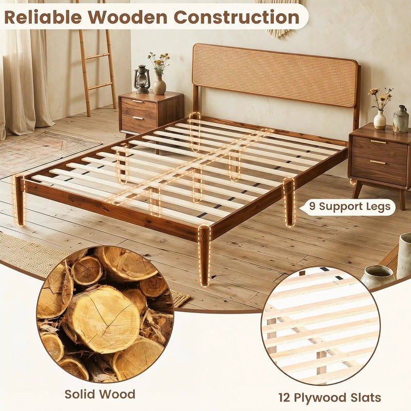 Queen Rattan Headboard Bed Frame with Wood Slat Support by DirectDeals
