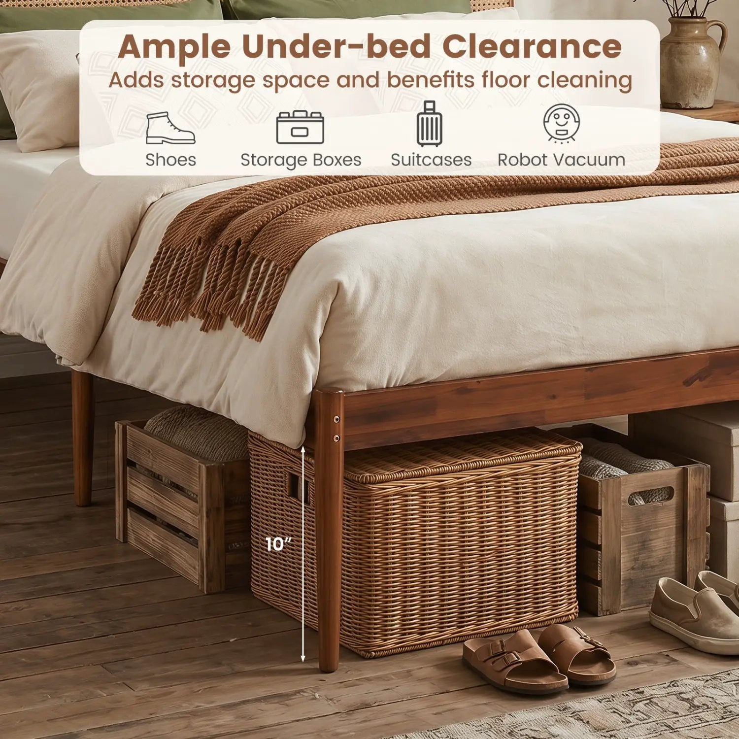 Queen Rattan Headboard Bed Frame with Wood Slat Support by DirectDeals