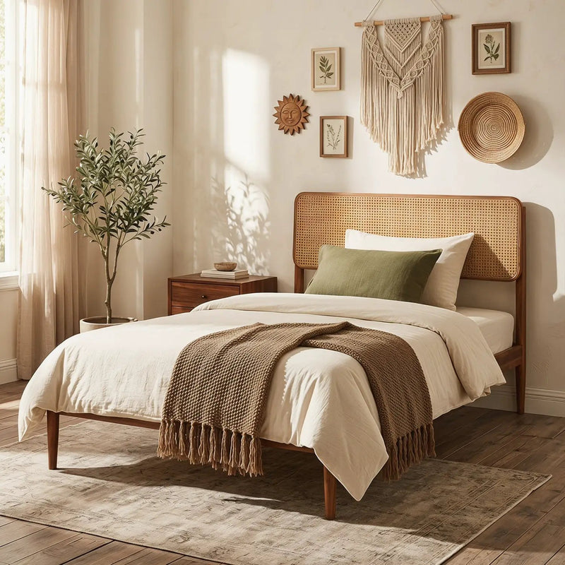 Queen Rattan Headboard Bed Frame with Wood Slat Support by DirectDeals